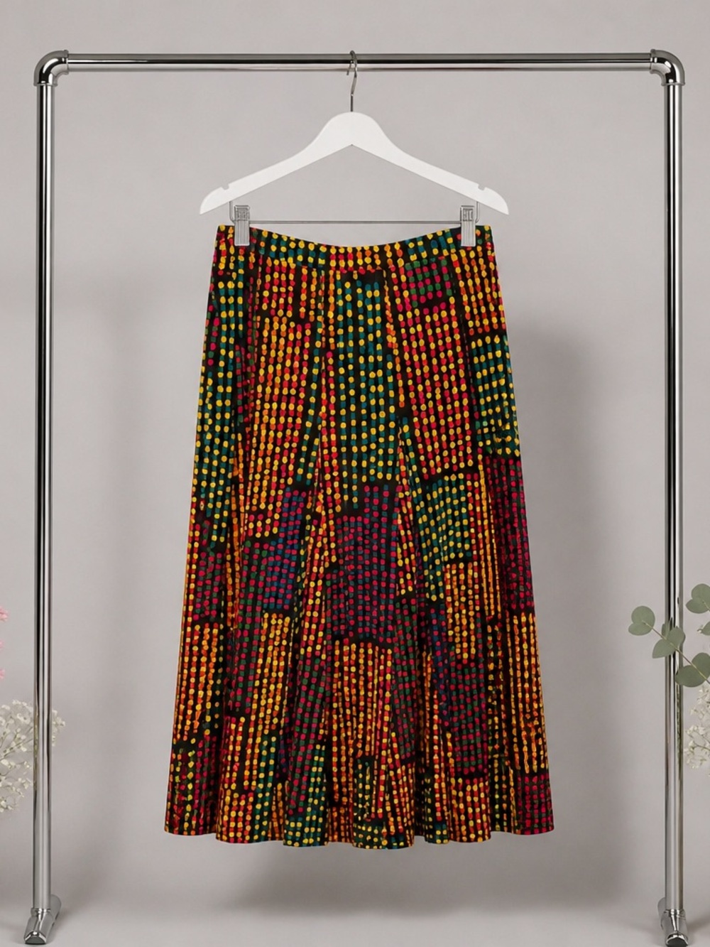 Premise Multicolor Dot-Print Maxi Skirt in Yellow, Green, Red, Purple